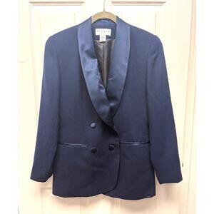 Saville Suit Blazer Navy Blue Wool Satin Lapel Lined Double Breasted Women's 4